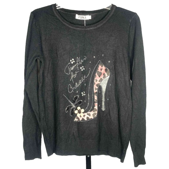 Sweaters - Yuna size S/M Sweater black shoe Graphic Sparkle beads Jimmy Choo for Cinderella